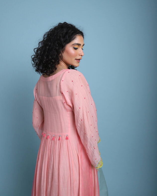 Life in Pink Organza Anarkali chanderi by Rajiramniq in pink color for women in Singapore