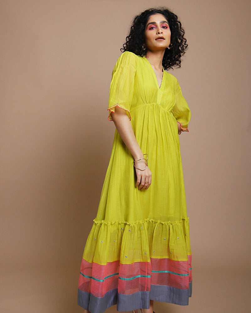 Life in Pink Tiered Dress chanderi by Rajiramniq in yellow color for women in Singapore
