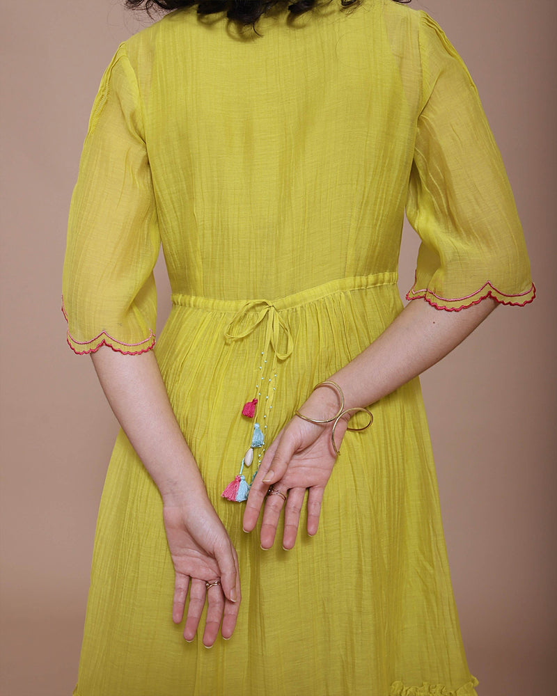 Life in Pink Tiered Dress chanderi by Rajiramniq in yellow color for women in Singapore