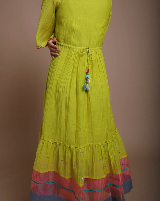 Life in Pink Tiered Dress chanderi by Rajiramniq in yellow color for women in Singapore