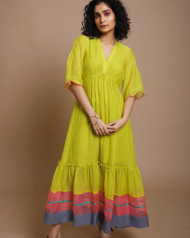Life in Pink Tiered Dress chanderi by Rajiramniq in yellow color for women in Singapore