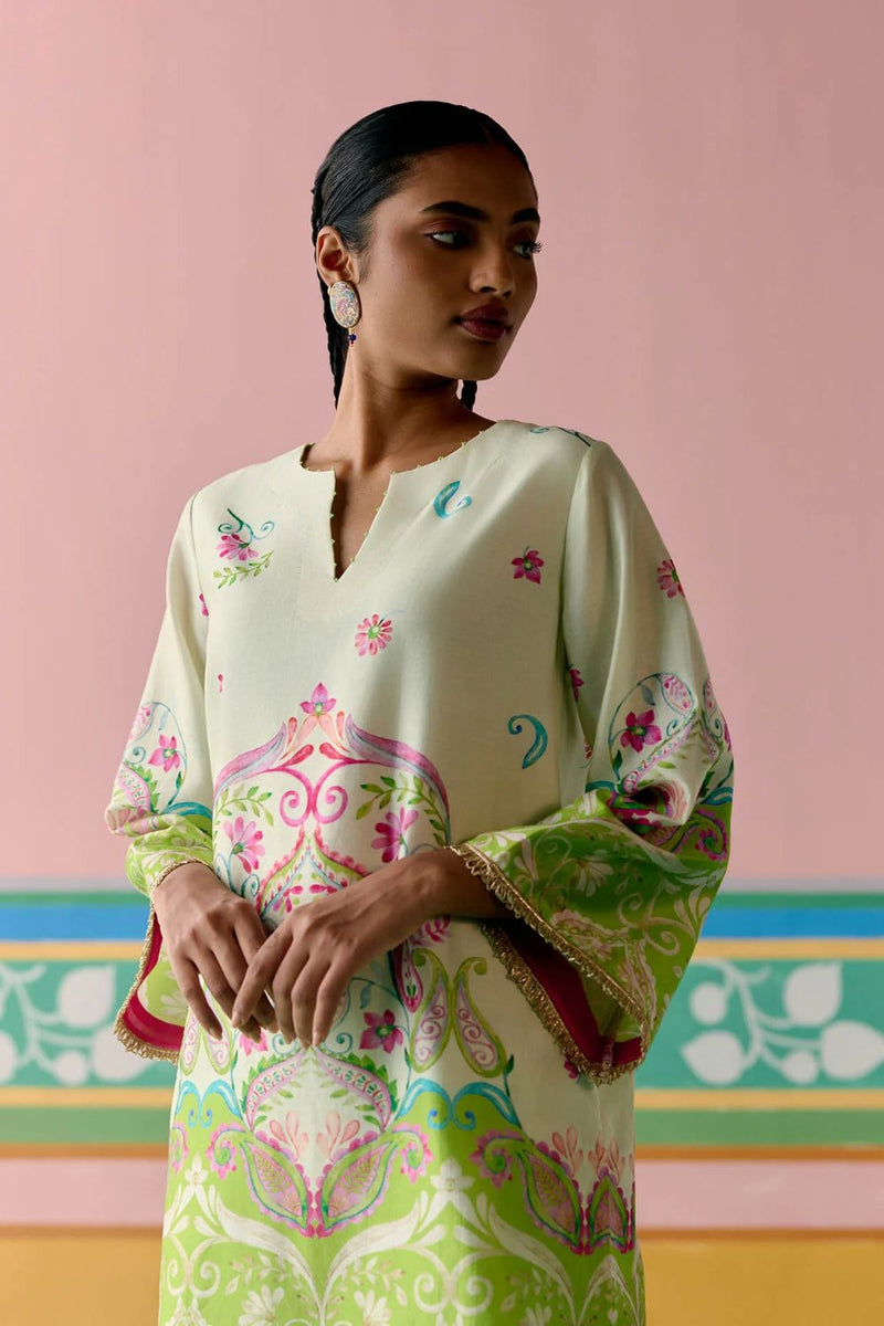 Lime Green Paisley Kurta Set chanderi Buy Lime Green Paisley Kurta Set from C&W | Light Kurta Sets for Women by Label Mogra in green color for women in Singapore