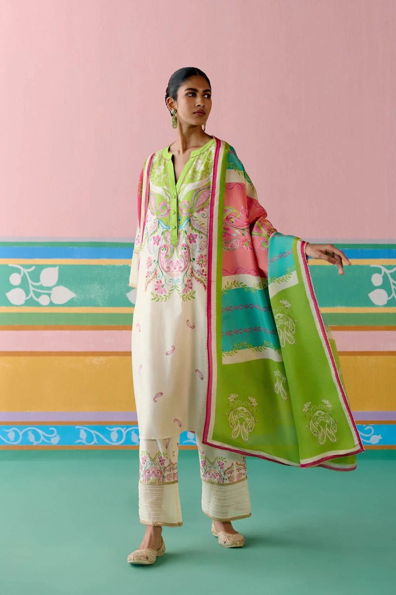 Lime Green Paisley V-neck Kurta Set chanderi Buy Lime Green Paisley V-neck Kurta Set from C&W | Light Kurta Sets for Women by Label Mogra in green color for women in Singapore