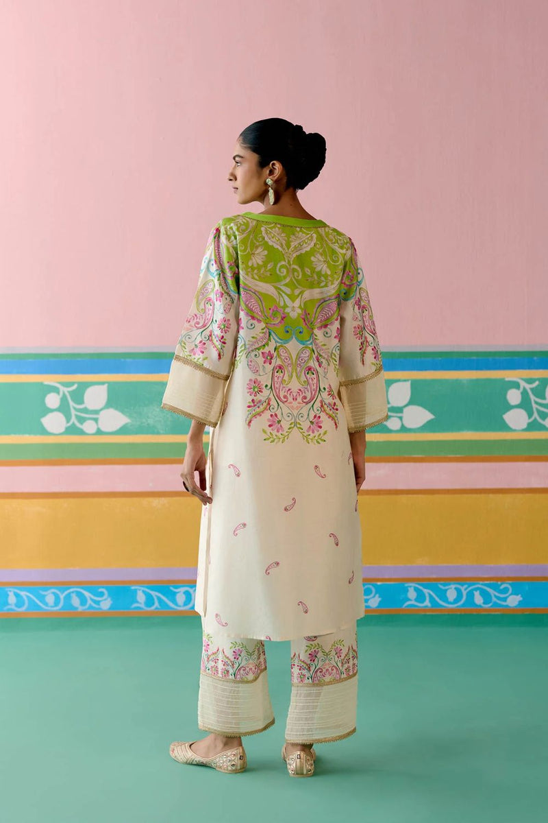 Lime Green Paisley V-neck Kurta Set chanderi Buy Lime Green Paisley V-neck Kurta Set from C&W | Light Kurta Sets for Women by Label Mogra in green color for women in Singapore