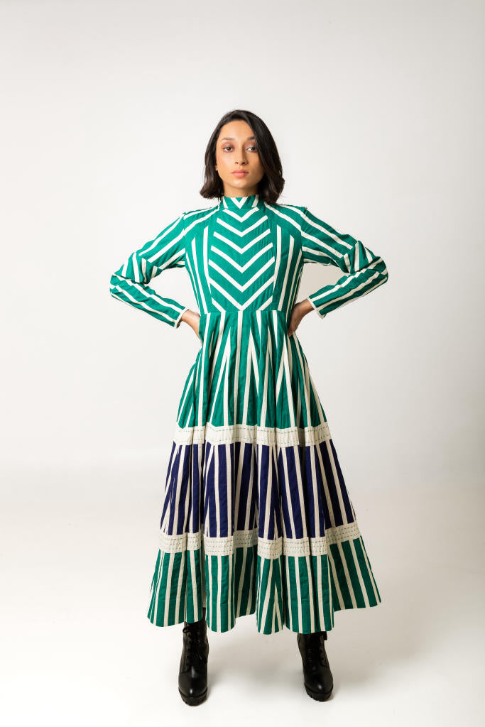 Lina Dress - Green cotton by Ka-Sha in multi color for women in Singapore