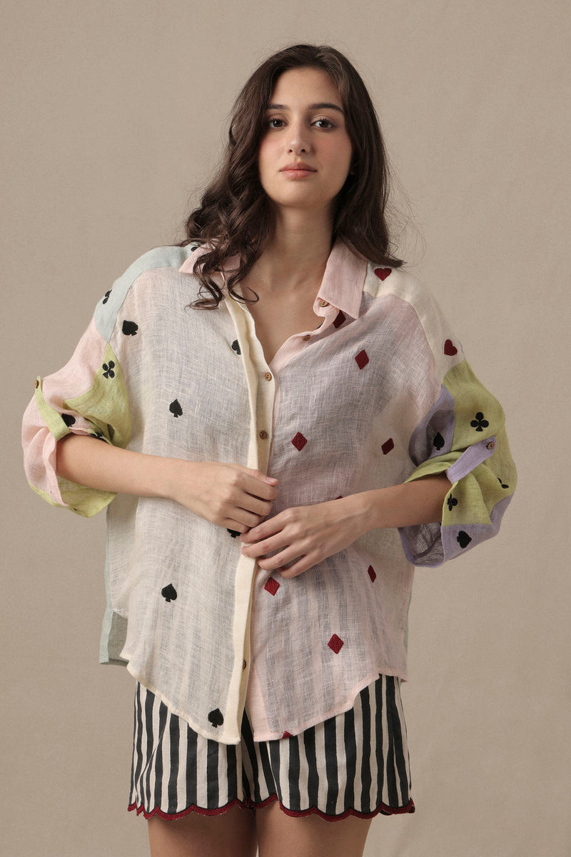 Linen Deck Shirt Set-2 PCS linen co-ord set by Mati in beige for women in Singapore