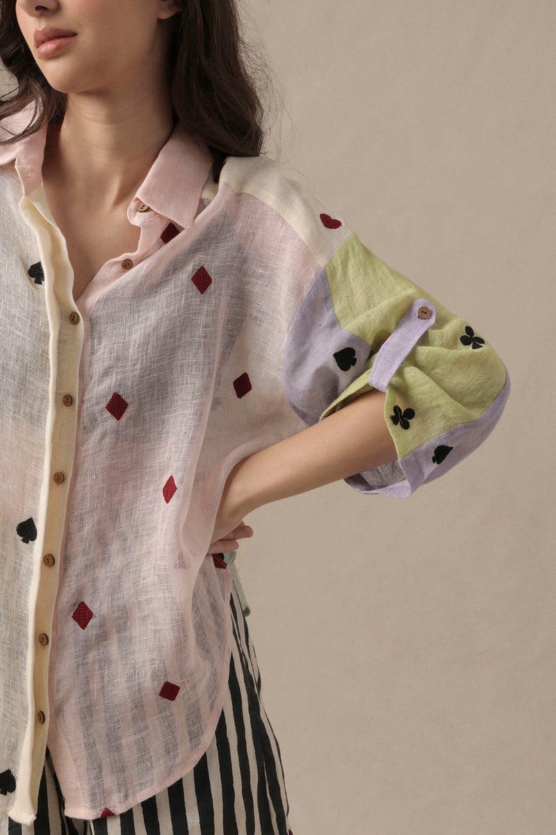 Linen Deck Shirt Set-2 PCS linen co-ord set by Mati in beige for women in Singapore