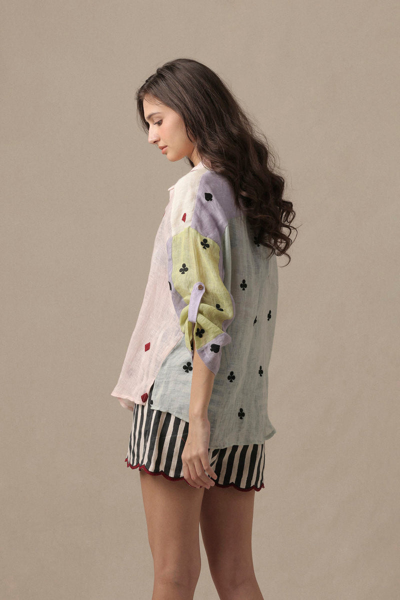 Linen Deck Shirt Set-2 PCS linen co-ord set by Mati in beige for women in Singapore