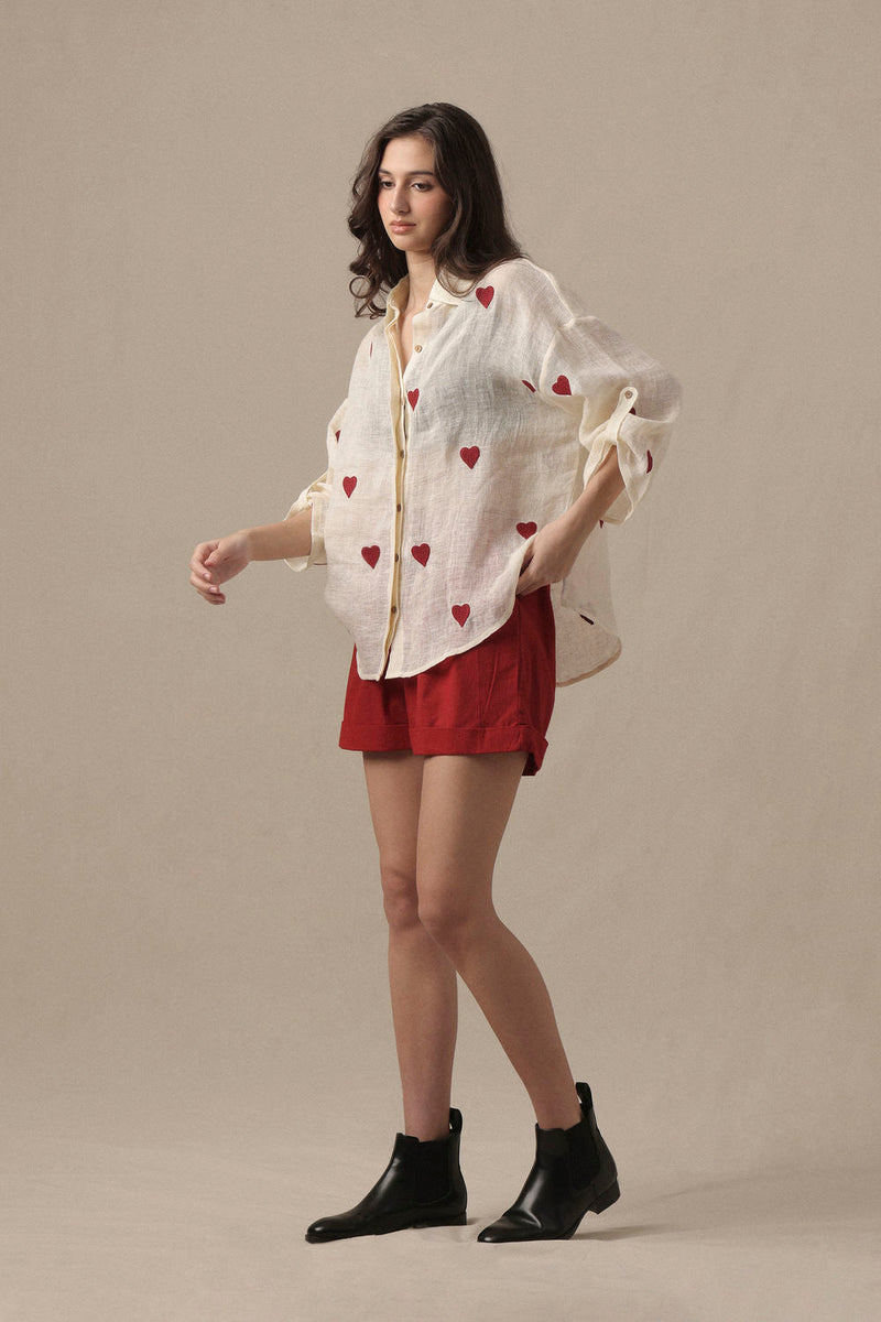 Linen Heart Shirt Set-2 PCS linen co-ord set by Mati in beige for women in Singapore