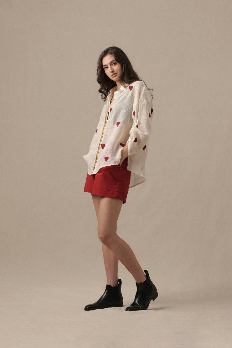 Linen Heart Shirt Set-2 PCS linen co-ord set by Mati in beige for women in Singapore