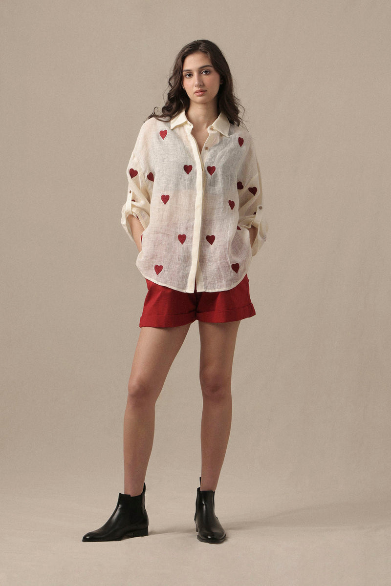 Linen Heart Shirt linen top/shirt by Mati in beige for women in Singapore