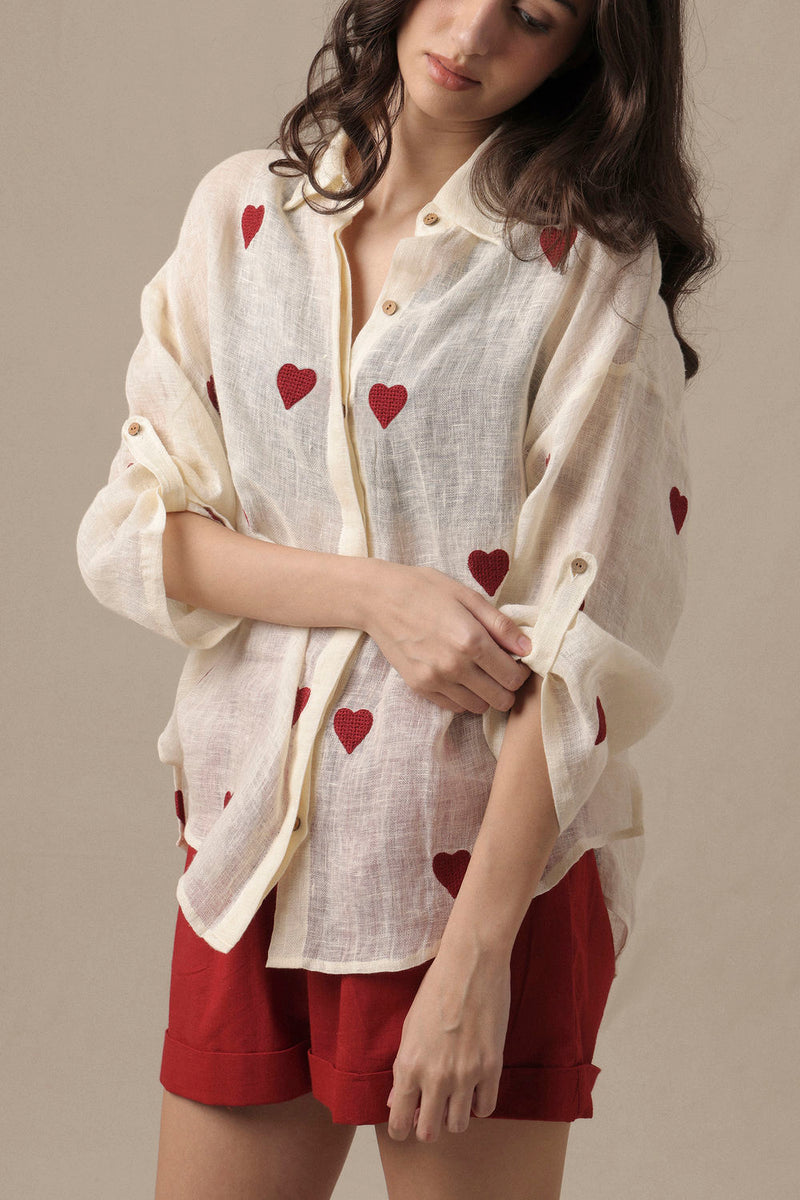Linen Heart Shirt linen top/shirt by Mati in beige for women in Singapore