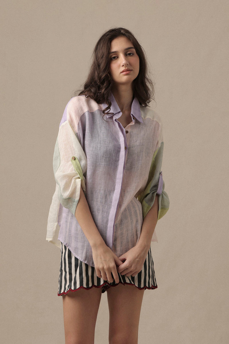 Linen Poker Shirt Set-2 PCS linen co-ord set by Mati in beige for women in Singapore
