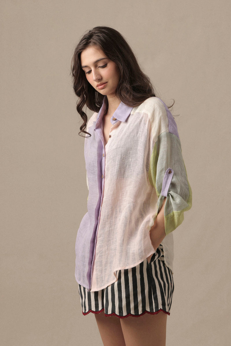 Linen Poker Shirt Set-2 PCS linen co-ord set by Mati in beige for women in Singapore