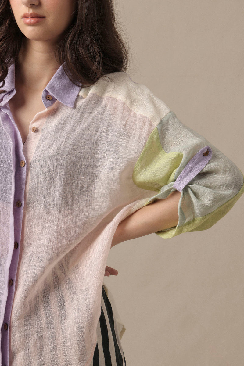 Linen Poker Shirt Set-2 PCS linen co-ord set by Mati in beige for women in Singapore