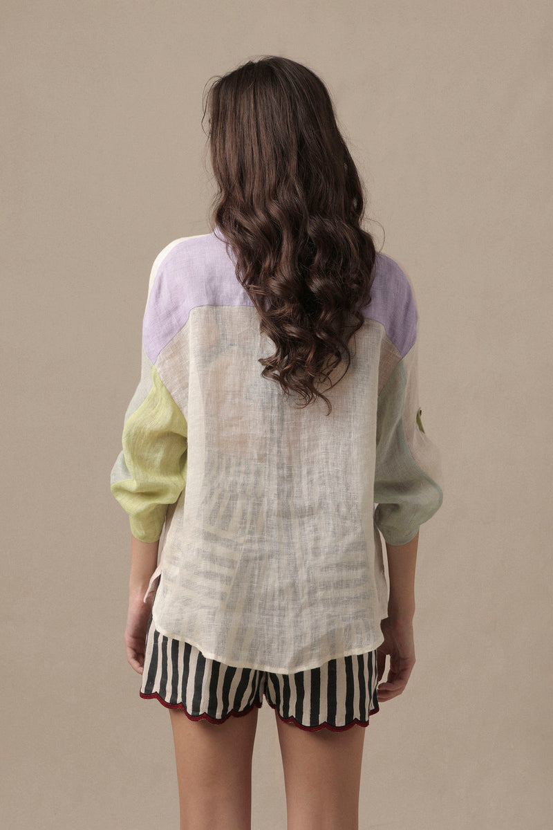 Linen Poker Shirt linen top/shirt by Mati in beige for women in Singapore