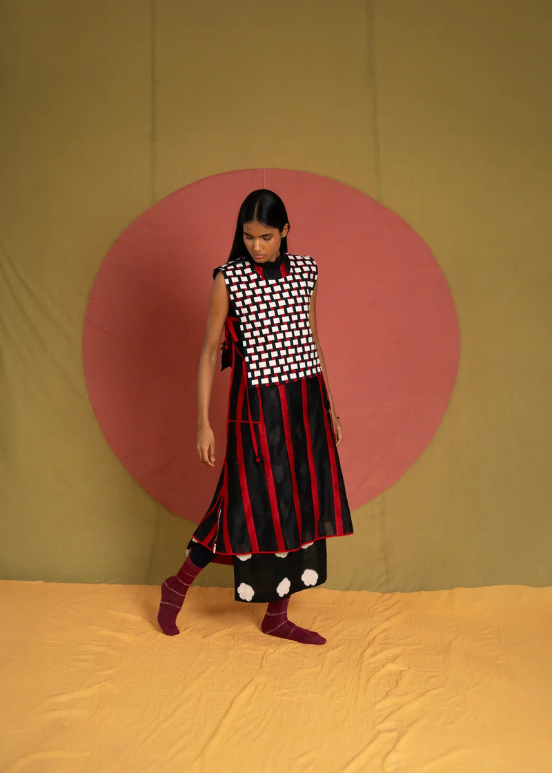 Lino Patti Dress-Black and Red chanderi dress by Ka-Sha in red for women in Singapore