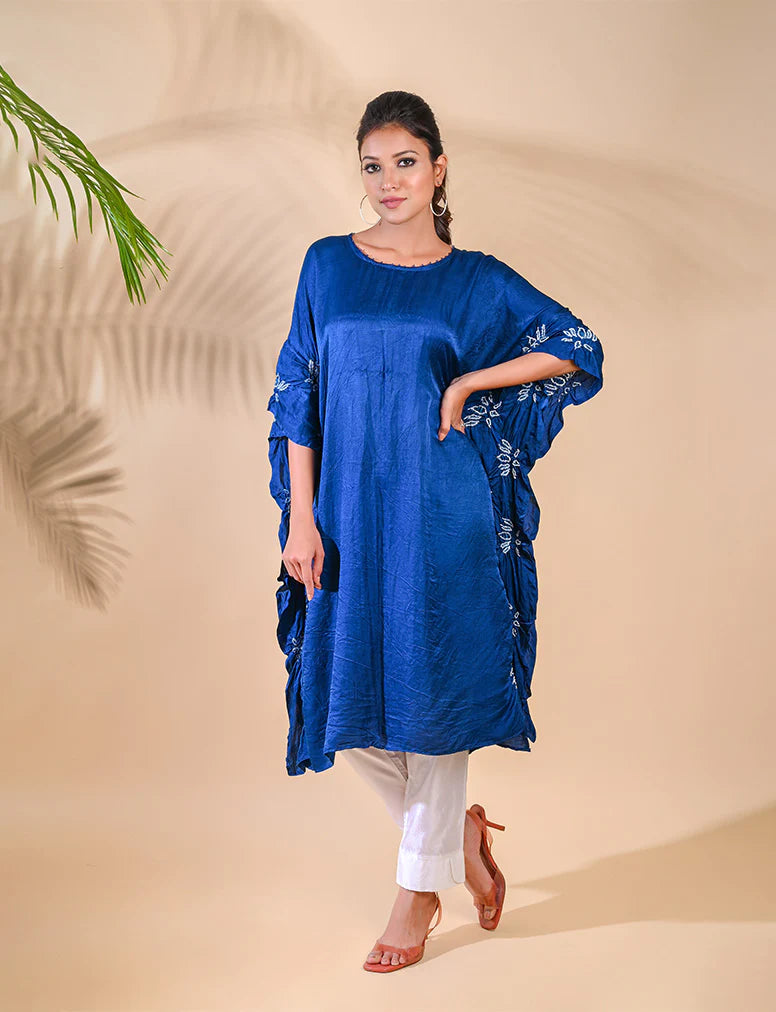 LOTUS KAFTAN-INDIGO BLUE silk by Dyelogue in blue color for women in Singapore
