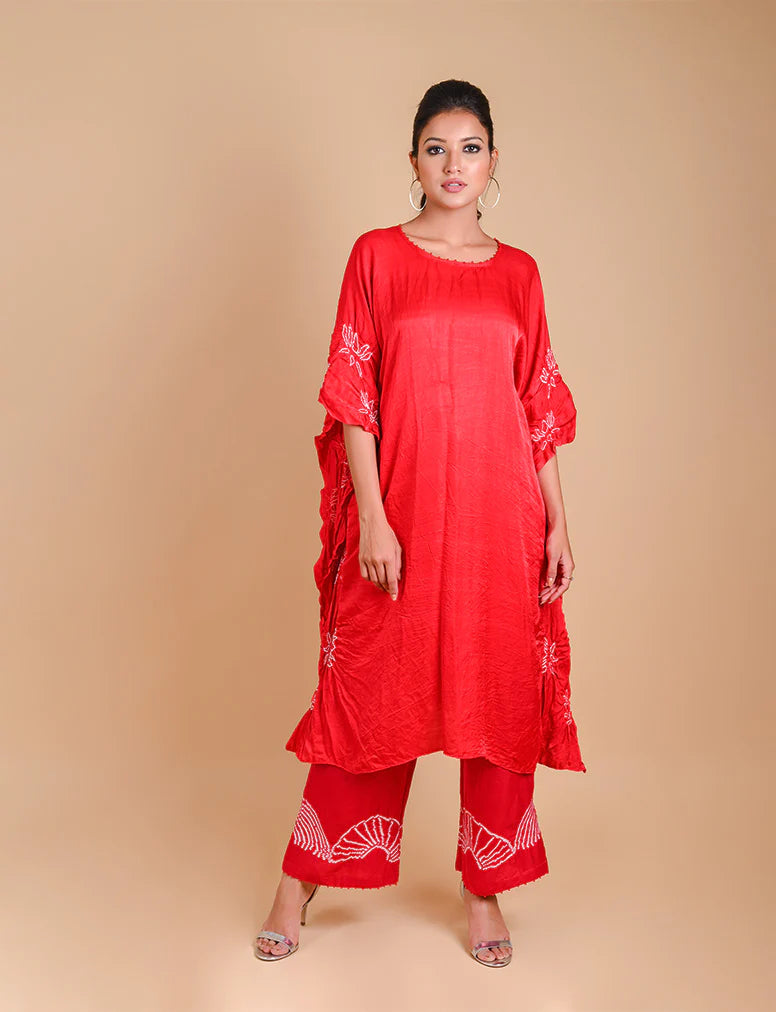 LOTUS KAFTAN-RED silk by Dyelogue in red color for women in Singapore