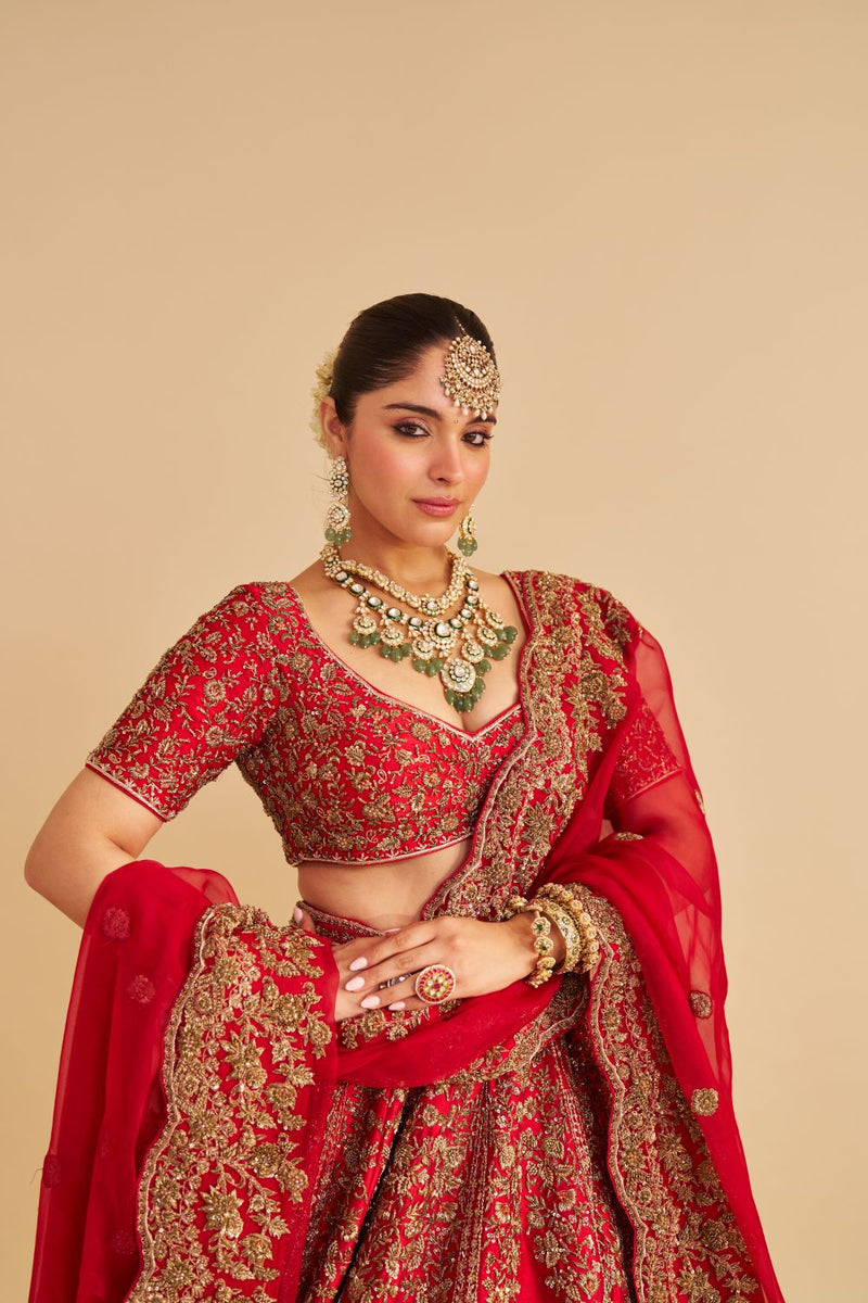 Mahanoor - Dabka Zardozi Embroidered Pure Silk Red Bridal Lehenga Set silk by SHEETAL BATRA in red color for women in Singapore