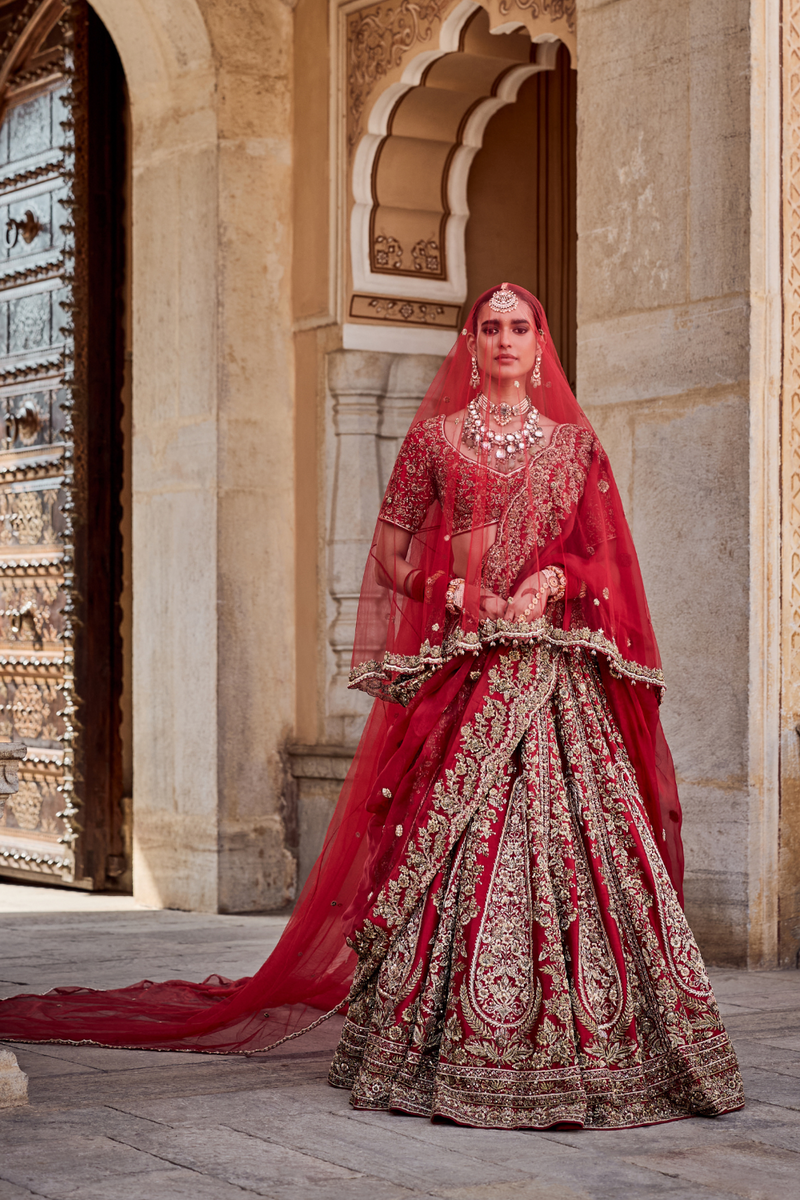 Mahanoor - Dabka Zardozi Embroidered Pure Silk Red Bridal Lehenga Set silk by SHEETAL BATRA in red color for women in Singapore