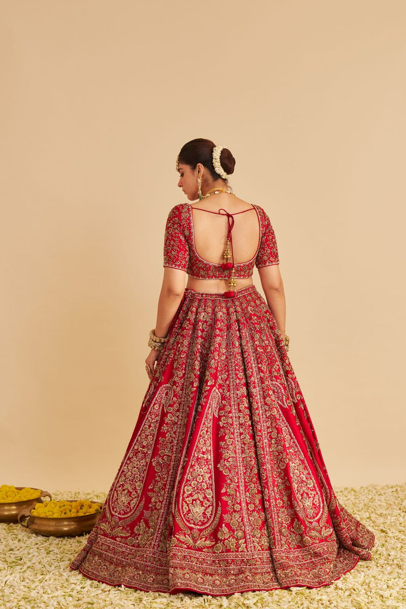 Mahanoor - Dabka Zardozi Embroidered Pure Silk Red Bridal Lehenga Set silk by SHEETAL BATRA in red color for women in Singapore