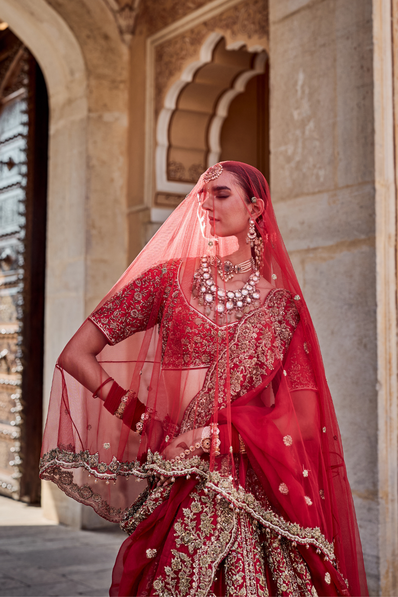 Mahanoor - Dabka Zardozi Embroidered Pure Silk Red Bridal Lehenga Set silk by SHEETAL BATRA in red color for women in Singapore