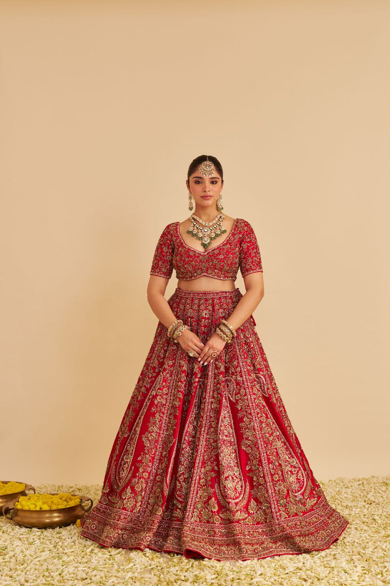Mahanoor - Dabka Zardozi Embroidered Pure Silk Red Bridal Lehenga Set silk by SHEETAL BATRA in red color for women in Singapore
