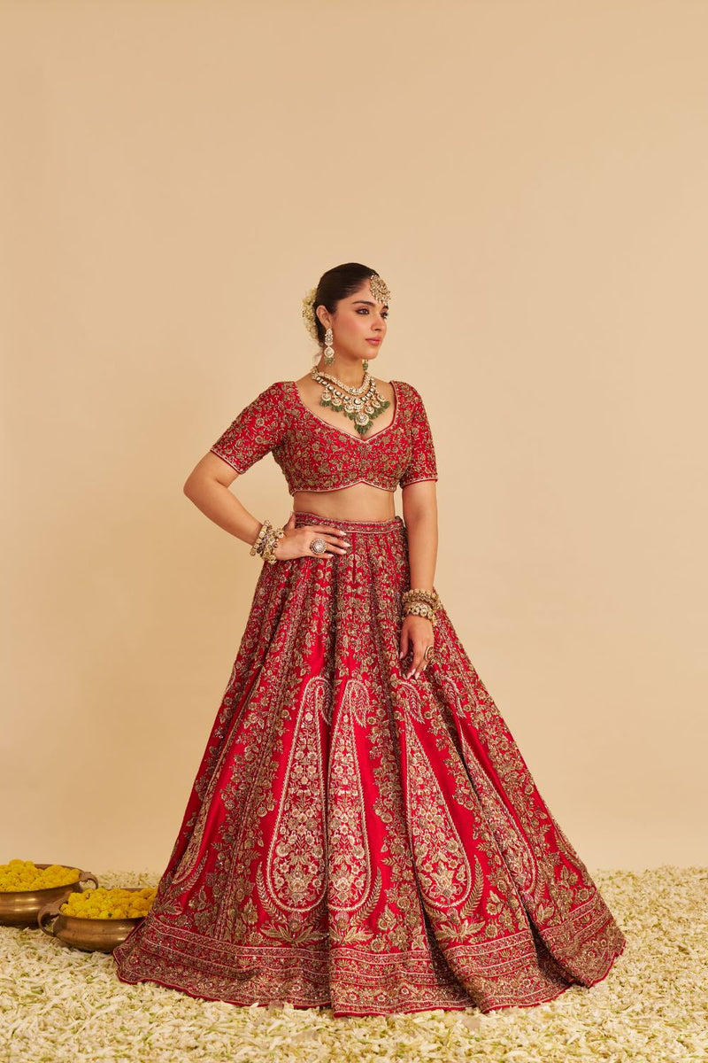 Mahanoor - Dabka Zardozi Embroidered Pure Silk Red Bridal Lehenga Set silk by SHEETAL BATRA in red color for women in Singapore