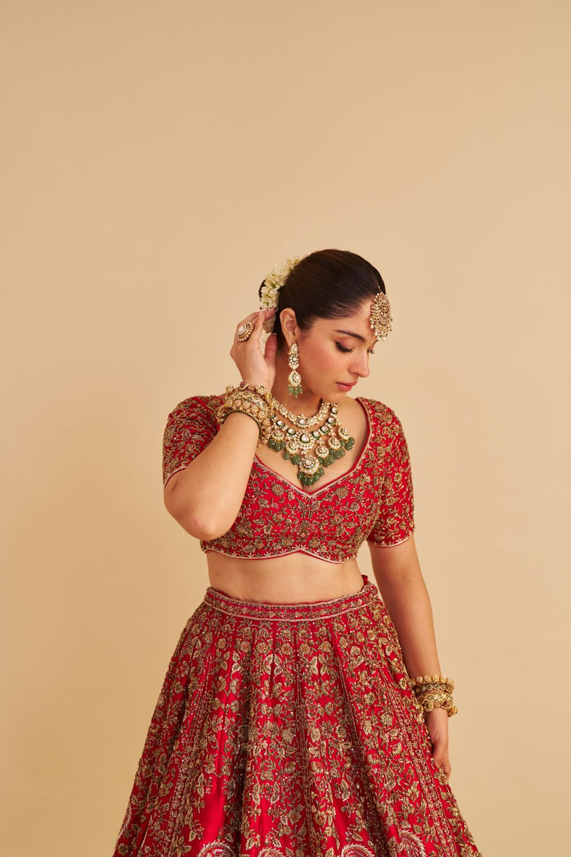 Mahanoor - Dabka Zardozi Embroidered Pure Silk Red Bridal Lehenga Set silk by SHEETAL BATRA in red color for women in Singapore