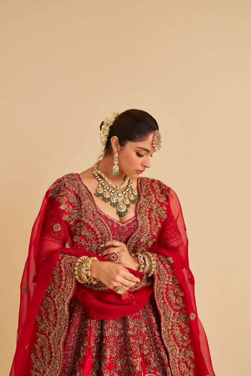 Mahanoor - Dabka Zardozi Embroidered Pure Silk Red Bridal Lehenga Set silk by SHEETAL BATRA in red color for women in Singapore