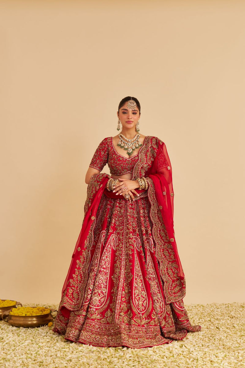 Mahanoor - Dabka Zardozi Embroidered Pure Silk Red Bridal Lehenga Set silk by SHEETAL BATRA in red color for women in Singapore