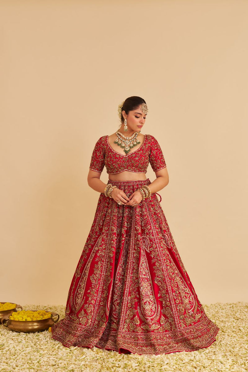Mahanoor - Dabka Zardozi Embroidered Pure Silk Red Bridal Lehenga Set silk by SHEETAL BATRA in red color for women in Singapore