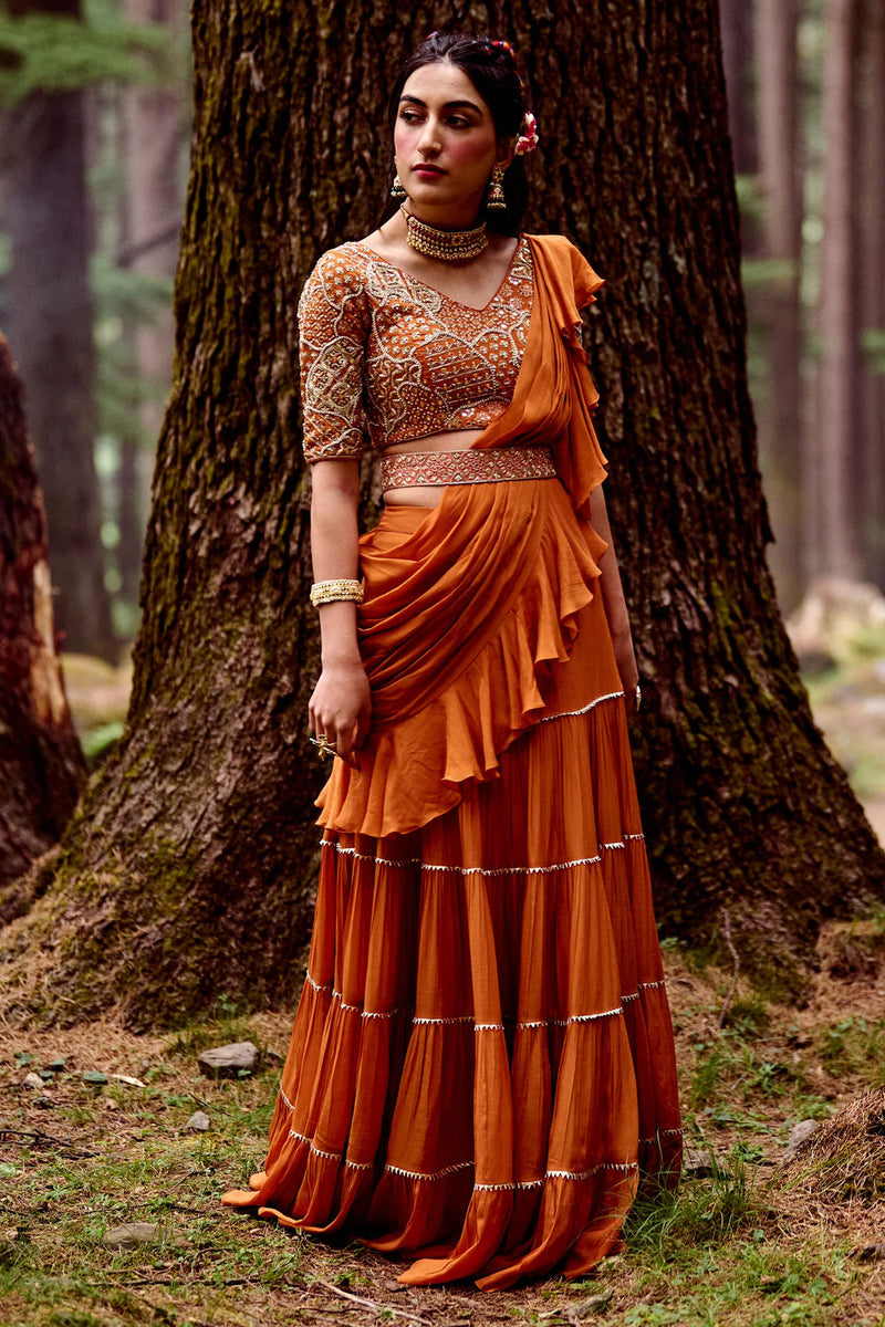 Maia Saree Set crepe by Paulmi & Harsh-kahan Sep'26 in orange for women in Singapore