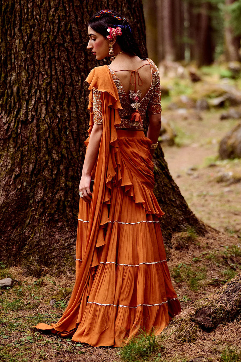 Maia Saree Set crepe by Paulmi & Harsh-kahan Sep'26 in orange for women in Singapore