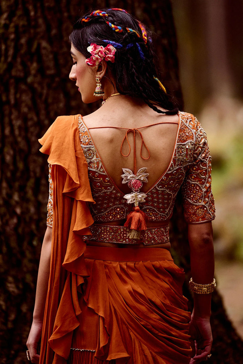 Maia Saree Set crepe by Paulmi & Harsh-kahan Sep'26 in orange for women in Singapore