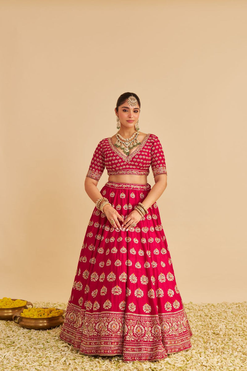 Maira - Dabka Zardozi Embroidered Raw Silk Hotpink Bridal Lehenga Set silk by SHEETAL BATRA in pink color for women in Singapore