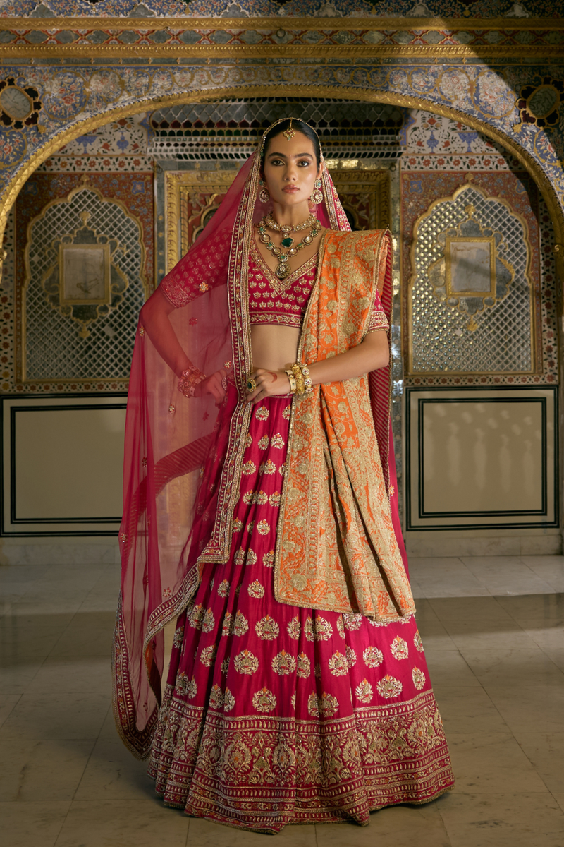 Maira - Dabka Zardozi Embroidered Raw Silk Hotpink Bridal Lehenga Set silk by SHEETAL BATRA in pink color for women in Singapore