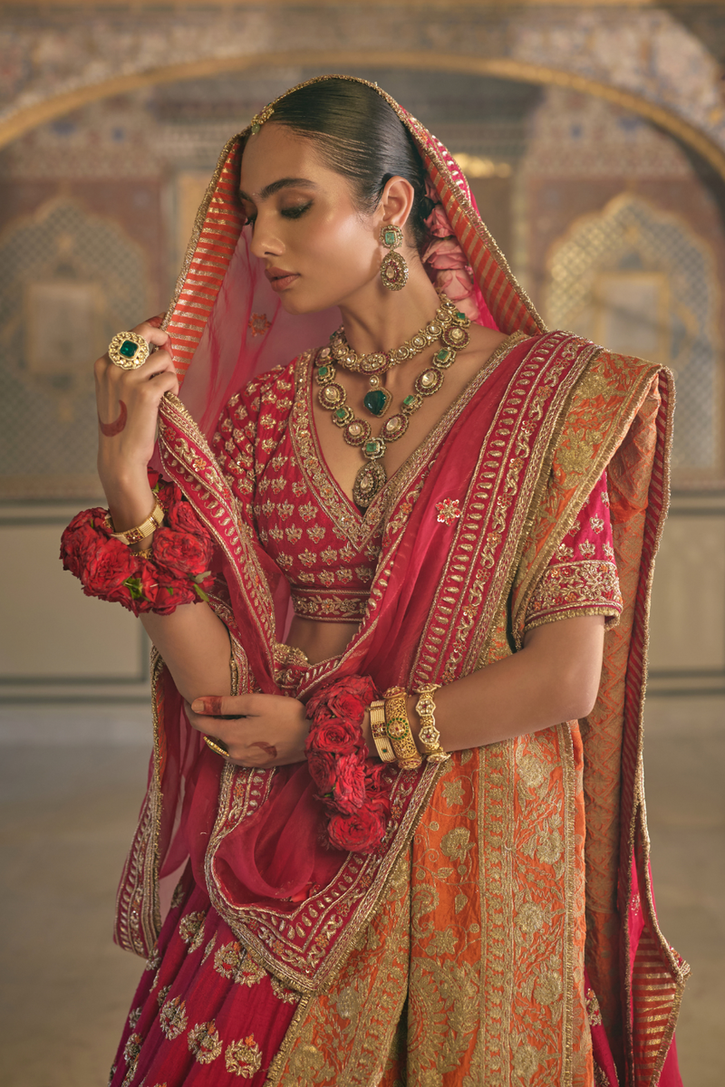 Maira - Dabka Zardozi Embroidered Raw Silk Hotpink Bridal Lehenga Set silk by SHEETAL BATRA in pink color for women in Singapore