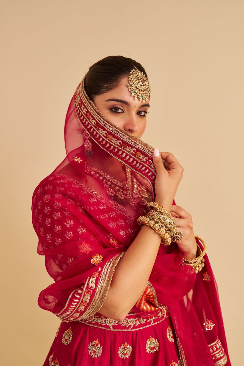 Maira - Dabka Zardozi Embroidered Raw Silk Hotpink Bridal Lehenga Set silk by SHEETAL BATRA in pink color for women in Singapore