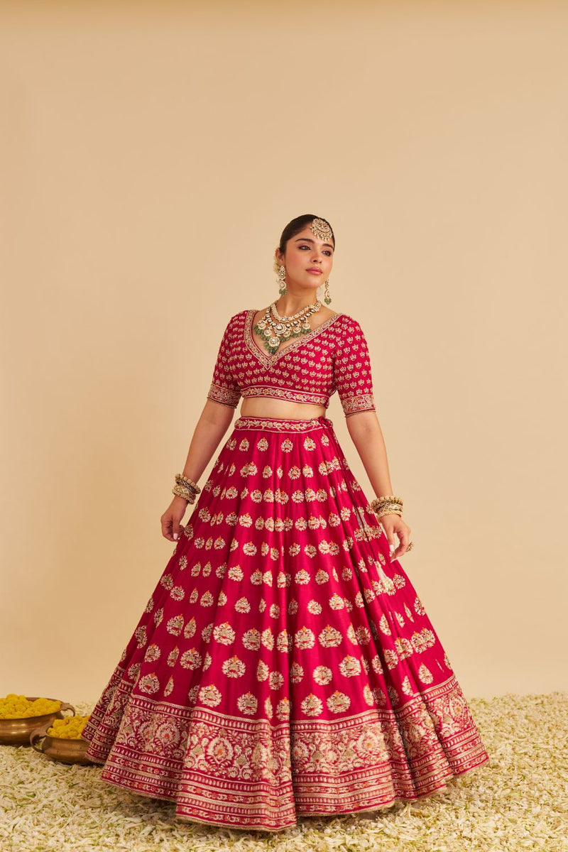 Maira - Dabka Zardozi Embroidered Raw Silk Hotpink Bridal Lehenga Set silk by SHEETAL BATRA in pink color for women in Singapore