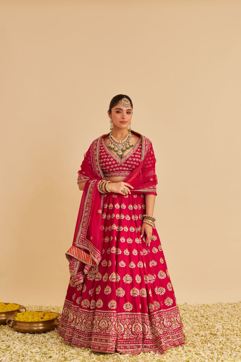 Maira - Dabka Zardozi Embroidered Raw Silk Hotpink Bridal Lehenga Set silk by SHEETAL BATRA in pink color for women in Singapore