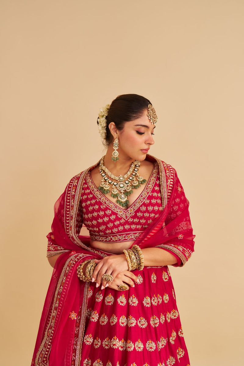 Maira - Dabka Zardozi Embroidered Raw Silk Hotpink Bridal Lehenga Set silk by SHEETAL BATRA in pink color for women in Singapore