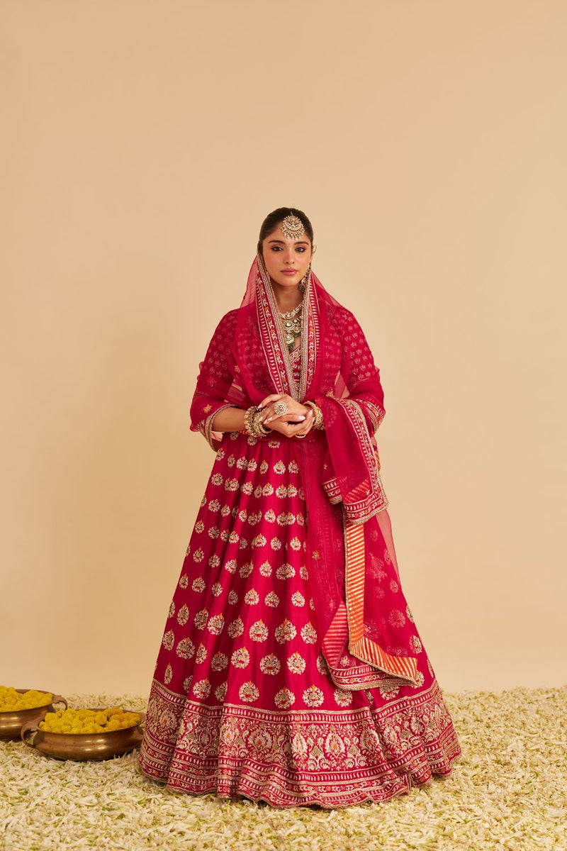 Maira - Dabka Zardozi Embroidered Raw Silk Hotpink Bridal Lehenga Set silk by SHEETAL BATRA in pink color for women in Singapore