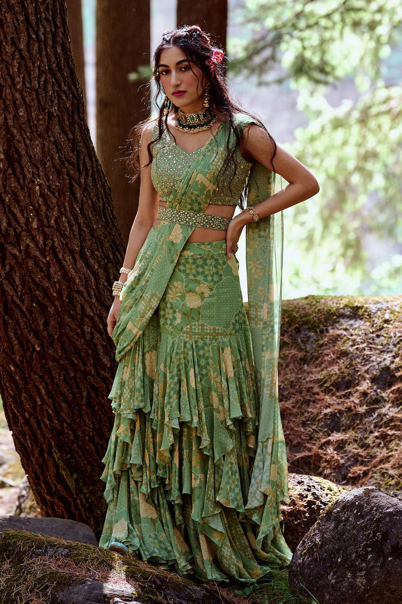 Malika Saree Set georgettte by Paulmi & Harsh-kahan Sep'26 in green for women in Singapore