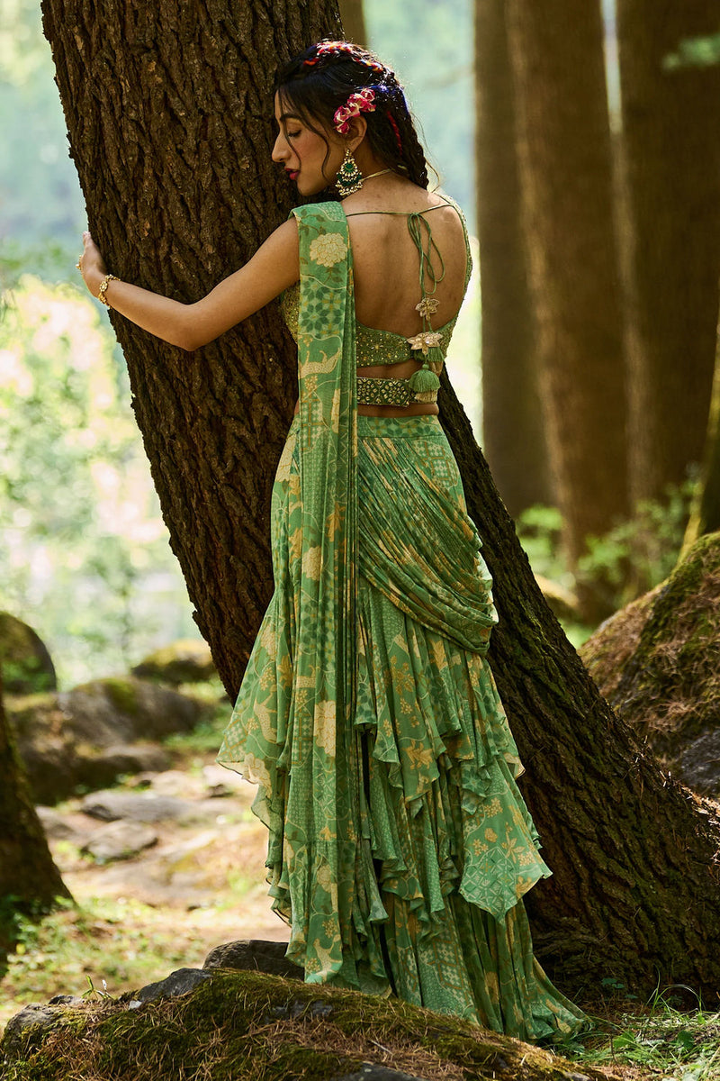 Malika Saree Set georgettte by Paulmi & Harsh-kahan Sep'26 in green for women in Singapore