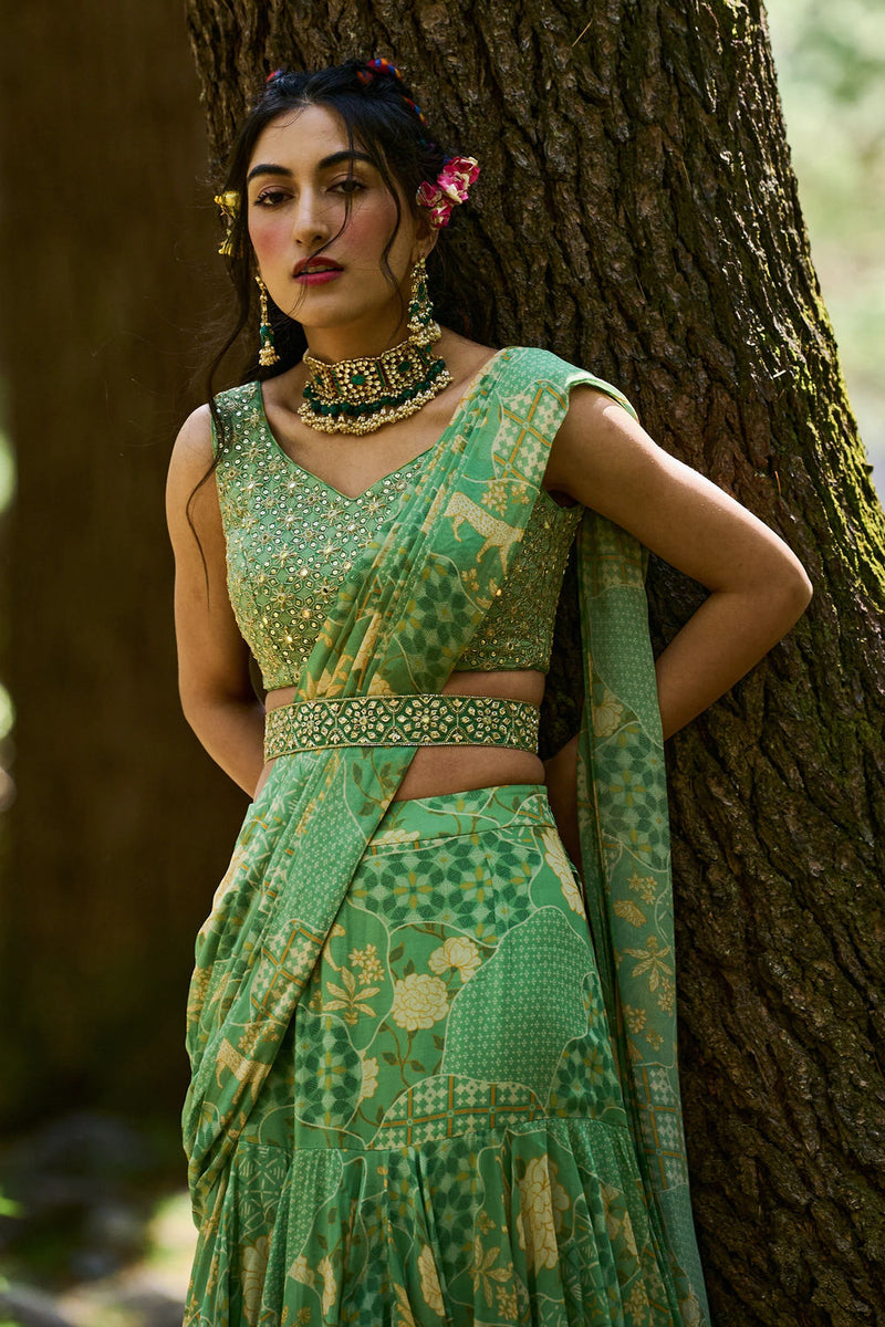 Malika Saree Set georgettte by Paulmi & Harsh-kahan Sep'26 in green for women in Singapore