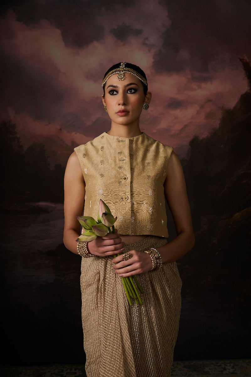 MALIK GILET chanderi by SWATTI KAPOOR in gold color for women in Singapore