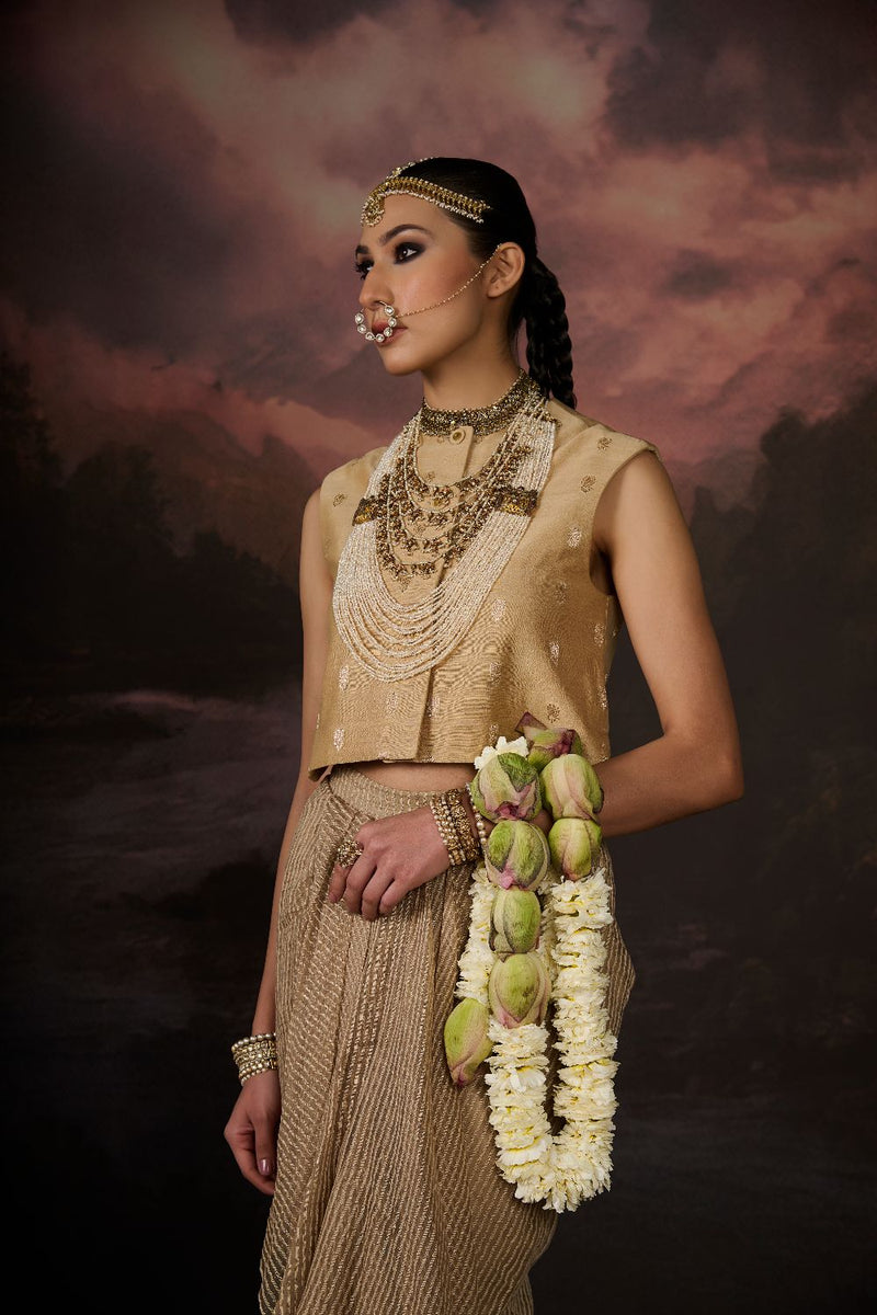 MALIK GILET chanderi by SWATTI KAPOOR in gold color for women in Singapore