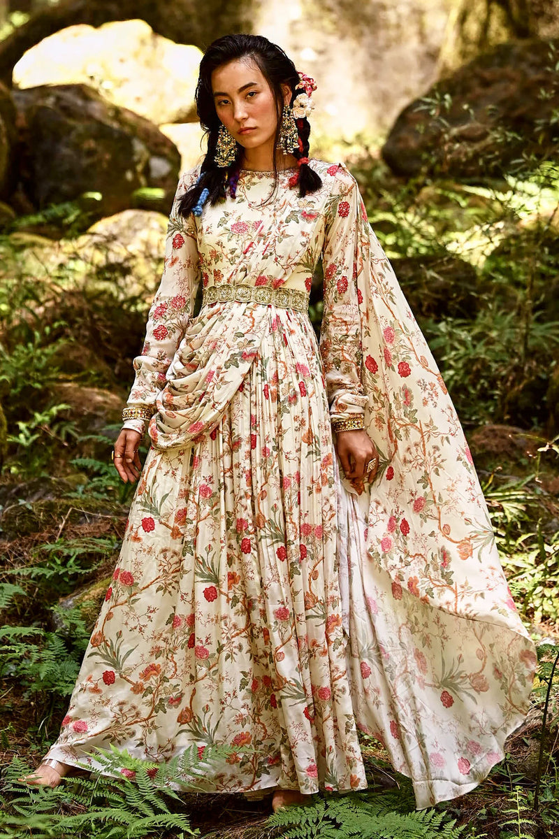 Maria Draped Anarkali Set crepe by Paulmi & Harsh-kahan Sep'26 in off white for women in Singapore